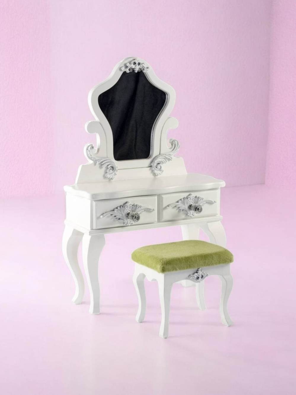 French Style Ornate White Wooden 18" Doll Vanity Table w/ Lt Green Velvet Stool